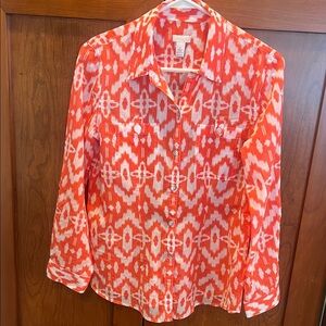 Chico's Cotton Vibrant Orange and White Button-Down Shirt